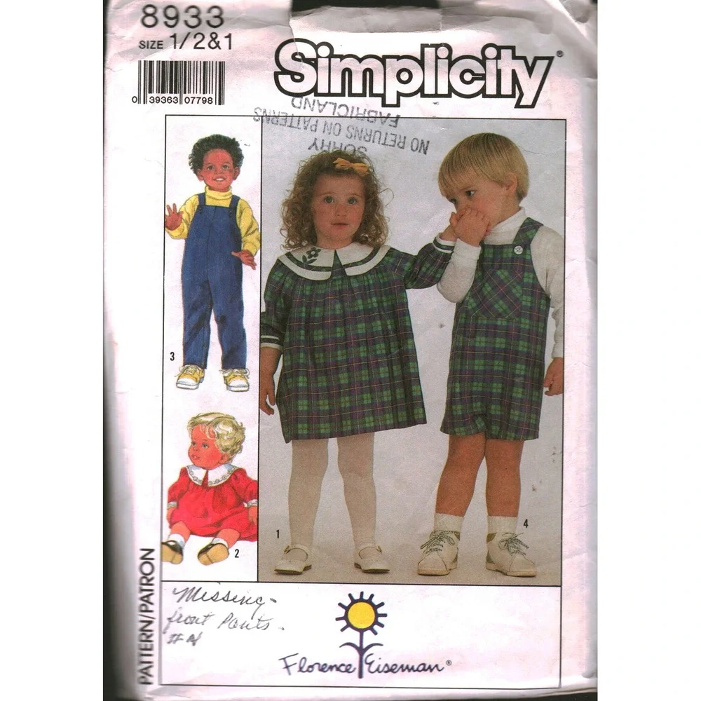Simplicity 8933 Florence Eiseman Toddler Dress Overalls Sewing Pattern Sz 1/2-1